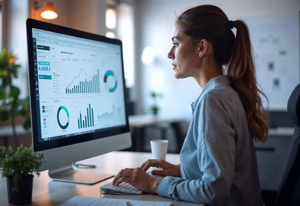 Contratti digitali metriche per misurare ROI. Manager che osserva dati al computer