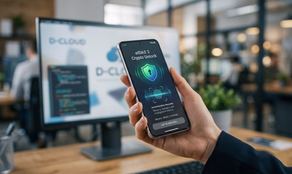 Inquadratura ravvicinata di uno smartphone con sistema di sblocco biometrico in un ufficio, a rappresentare la transizione verso la sicurezza crittografica eIDAS 2