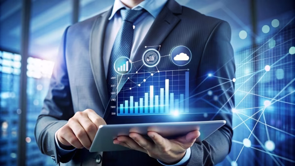 misurabilità dei dati grazie alla piattaforma a stati, mostrata da un grafico su un computer di un uomo di ufficio