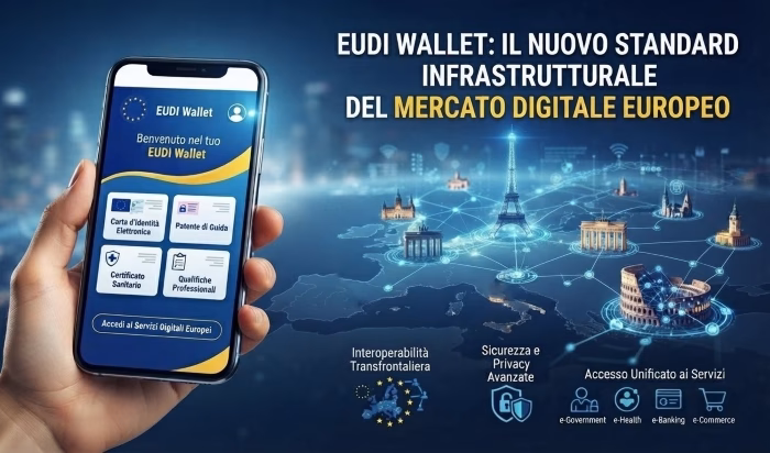 Smartphone con interfaccia dell'EUDI Wallet e infografica del mercato digitale europeo eIDAS 2.0